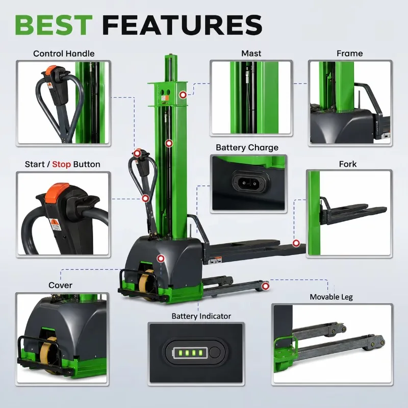1T 2T Mini 1000kg 2000kg Lift Forklikft Self-loading Semi Electric Portable Self Loading Stacker