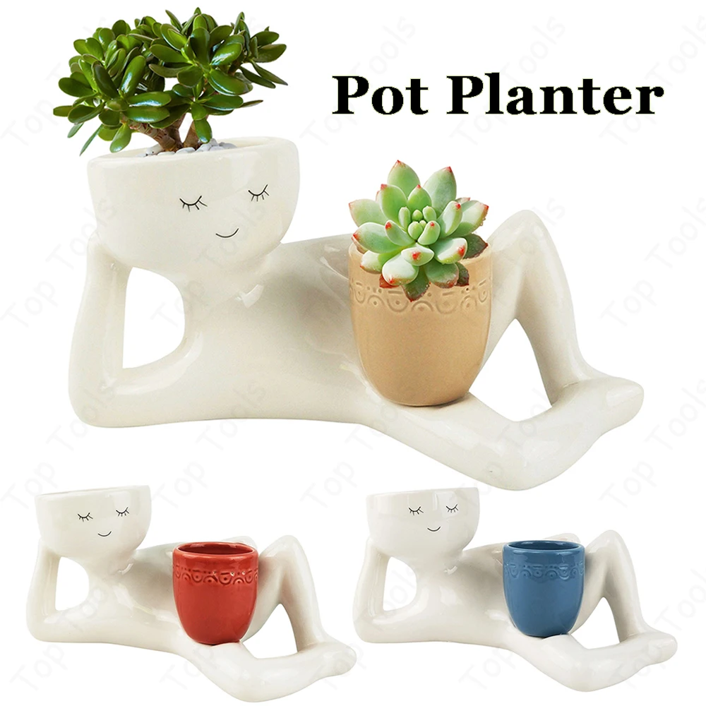 

Funny Succulent Plant Pot Resin Relaxing Person Holding Pot Planter with Drainage Hole Desktop Flower Pot Home Office Decoration