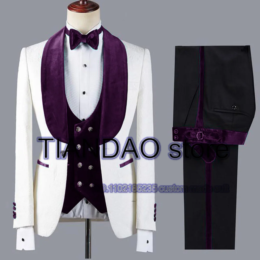 Formal Velvet Men\'s Suit 3 Piece Shawl Collar Blazer Pants Vest Groom Wedding Tuxedo Groomsman Jacket Set