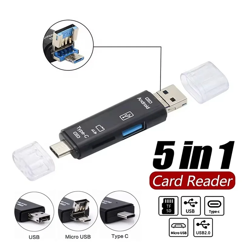 5 In 1 USB Type C Card Reader TF SD Memory Reading For Phone Tablet Laptop PC High Speed Data Transfer Office Travel Data Tool
