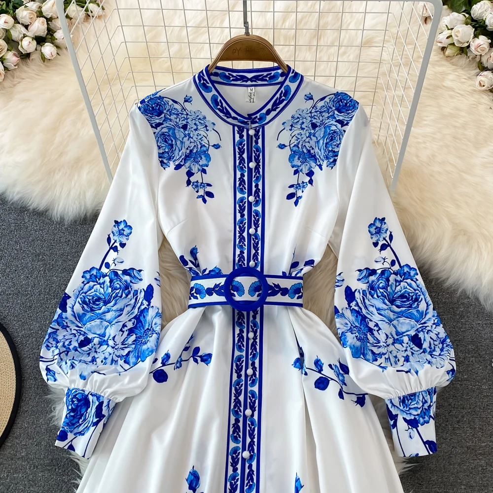 Fashion Blue And White Porcelain Flower Print Dress Women Clothing Long  Lantern Sleeve Single Breasted Belt Vintage Vestidos