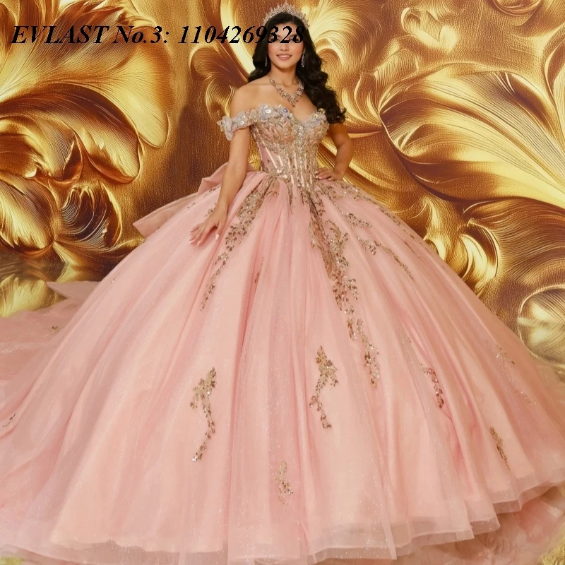 

EVLAST Customized Hot Pink Quinceanera Dress Ball Gown Gold Lace Applique Beading Bow Corset Sweet 16 Vestidos De 15 Anos E3Q819