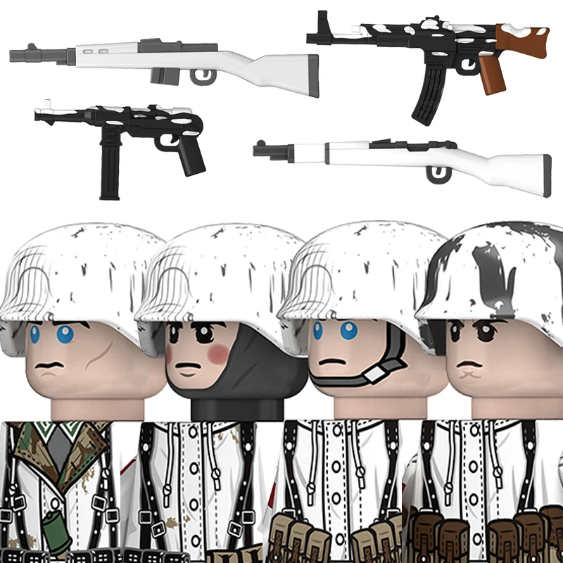 Figurines de soldats allemands de la Seconde Guerre mondiale, blocs de construction, armes militaires, casques d'infanterie, jouets pour enfants.
