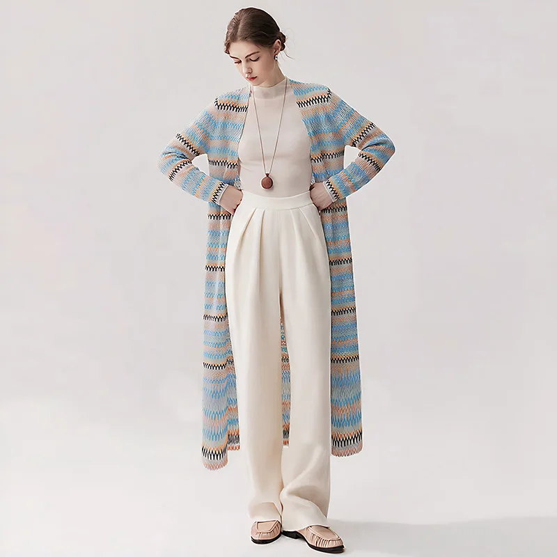 Wholesale Autumn Winter Lady Colorblock Striped Long Wear Women V-neck Long Sleeve Elegant Style Knits Cardigan