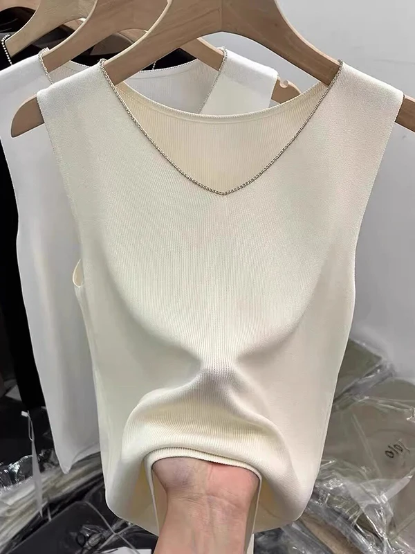 High-End European Design V-Neck Sleeveless Knitted Vest Trendy Fashionable Commute Style Women's Innerwear Casual Summer Top