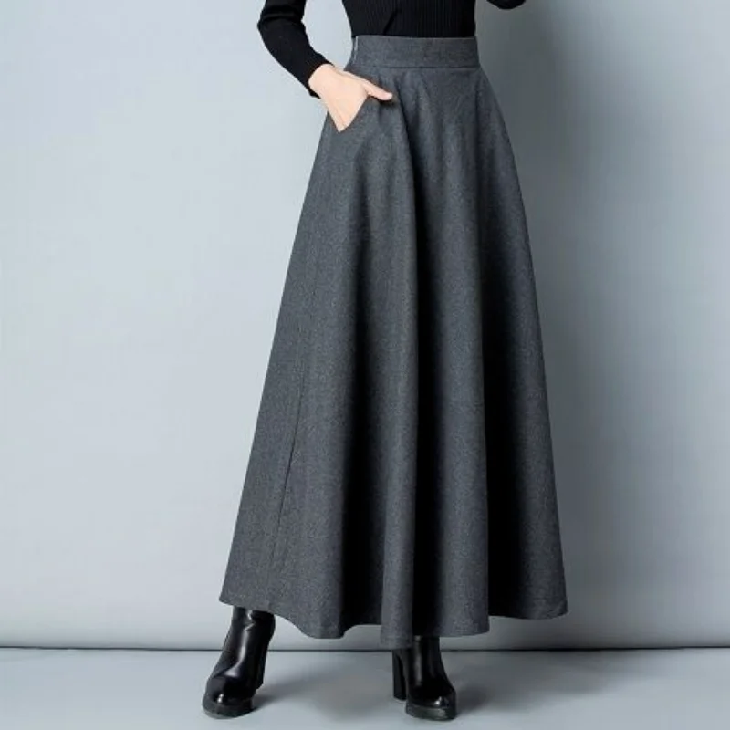 Autumn Winter Woolen Fashion Temperament Casual Versatile A-line Length Swing Skirt Solid High Waisted Pockets Loose Half Skirt