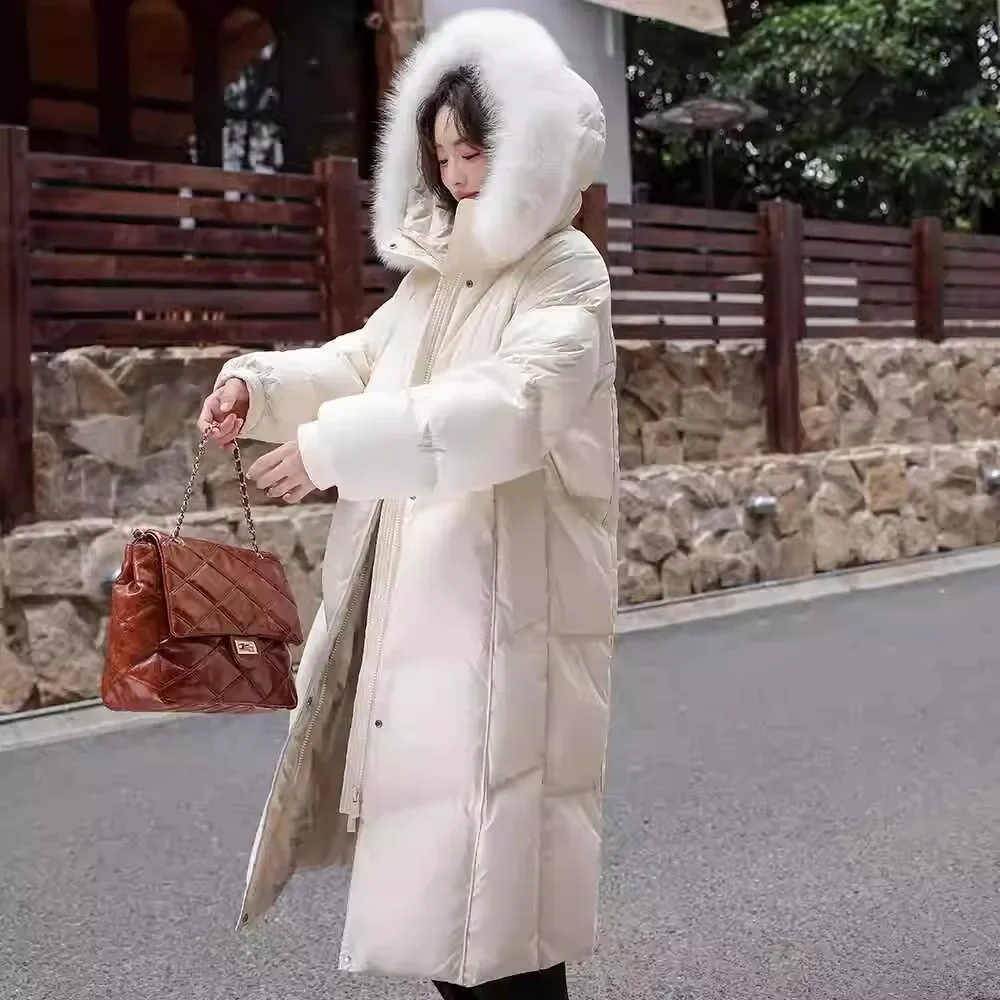 2024 Winter New Goose Down Big Hair Collar White Down Jacket for Women, High end Hooded Mid to Long Size ，Thickened Coat