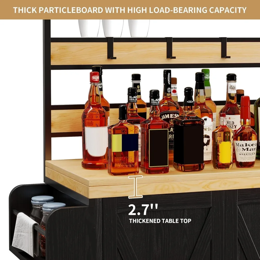 Armário de bar de café de fazenda com tomada de energia e led, armário de bar de vinho de 53 polegadas com armazenamento, prateleira alta sobre rodas, 3 gavetas,