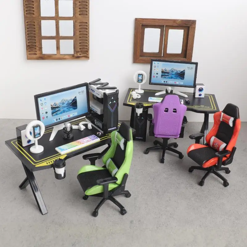 1/12 Miniature Gaming Desk Chair Set with Computer Monitor Host Model Realistic Dollhouse Accessory for DIY Scene Layout