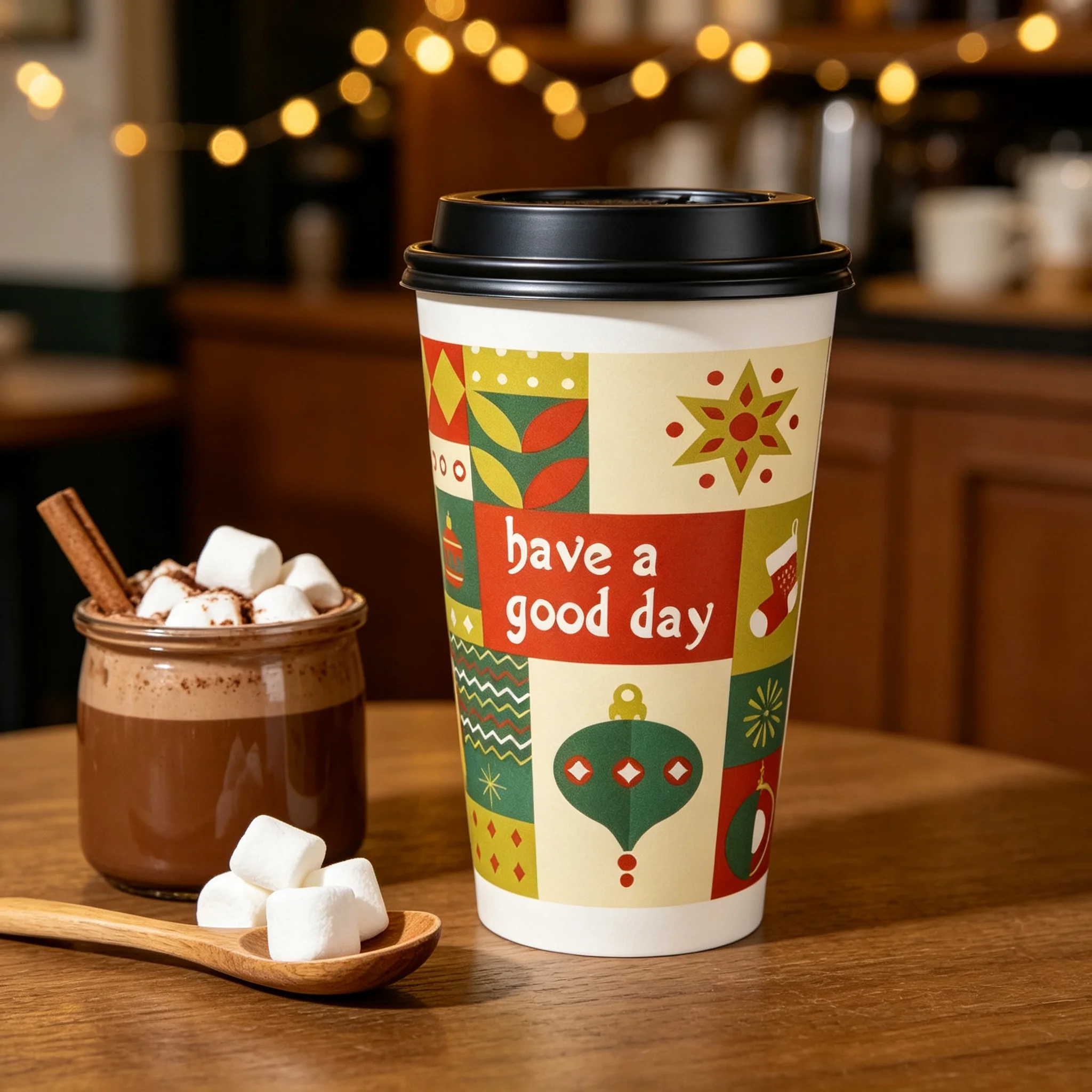 50Pcs16/22A Disposable Paper Cups, Double‑Wall Hollow Hot Coffee Cups, Festive Pattern Paper Cup for Holiday Party Cafe Takeaway
