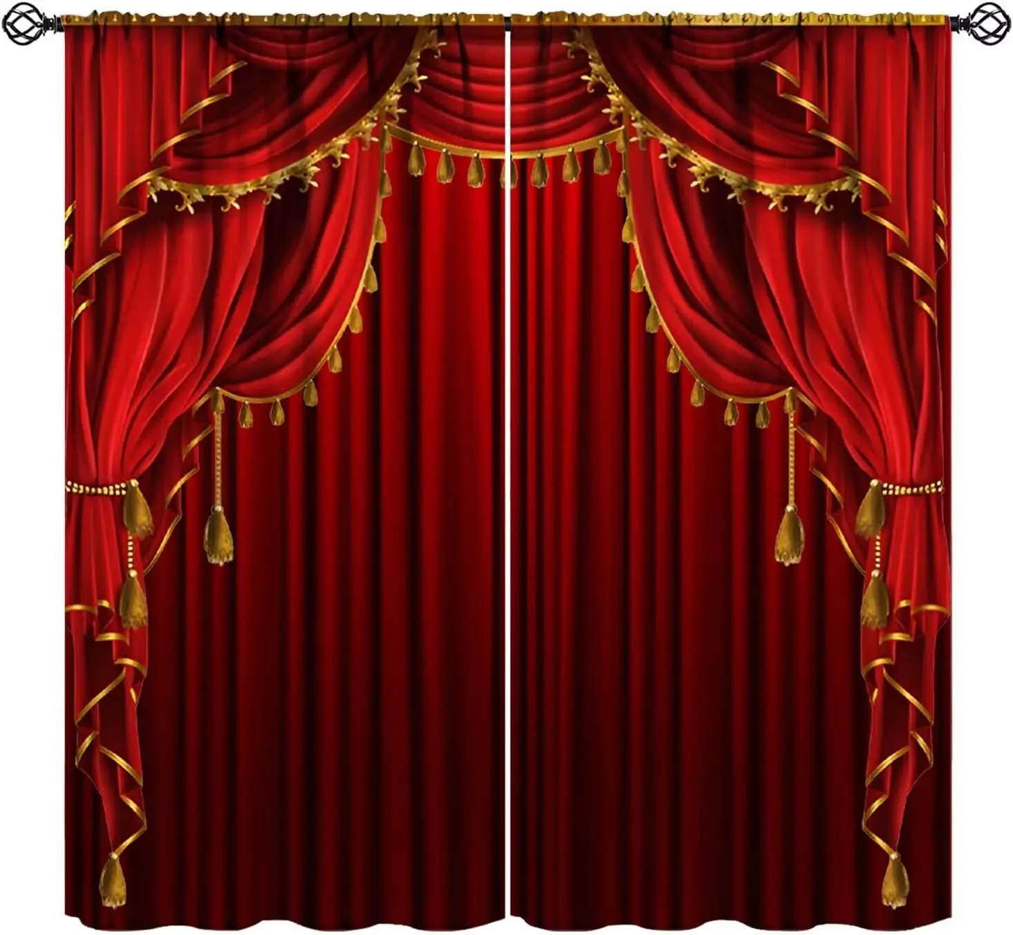 Red Theater Curtains,Retro Luxury Victorian Style Red Golden Cinema Concert Show Stage Window Drapes Curtains for Bedroom Living