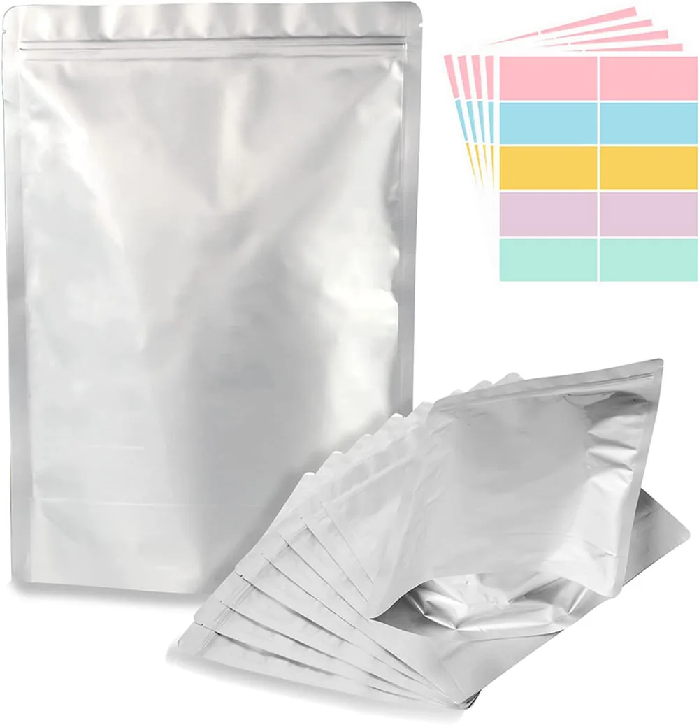 10er-Pack 5-Gallonen-Aluminiumfolienbeutel mit Sauerstoffabsorber, wiederverschließbarer Reißverschlussbeutel für trockene Kräuter, Lebensmittel, Mylar, 1/2 große Aufbewahrungsbeutel