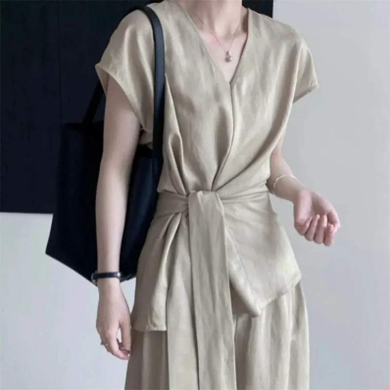 High end cotton and linen V-neck strap waistband vest, small shirt for slimming and wide leg pants, two fashionable sets