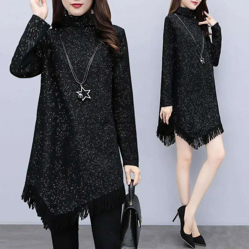 Autumn Winter Women\'s Tassel Spliced Irregular Dresses Fleece Solid Color Fashion Bright Silk Turtleneck Mini Dress for Female