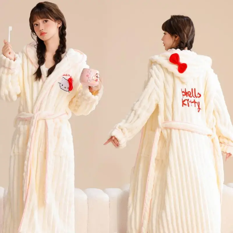 

Халат Sanrio с рисунком «Hello Kitty» для девочек с героями мультфильмов, предметы интерьера, коралловый флис, впитывающий воду, зимний теплый халат с капюшоном, новый