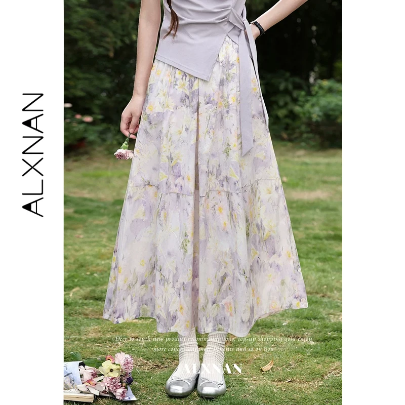 

ALXNAN Purple Midi Skirt for Women Summer Elegant Vacation Style A-line Long Skirts 2026 Fashion Holiday Female Skirts L63820