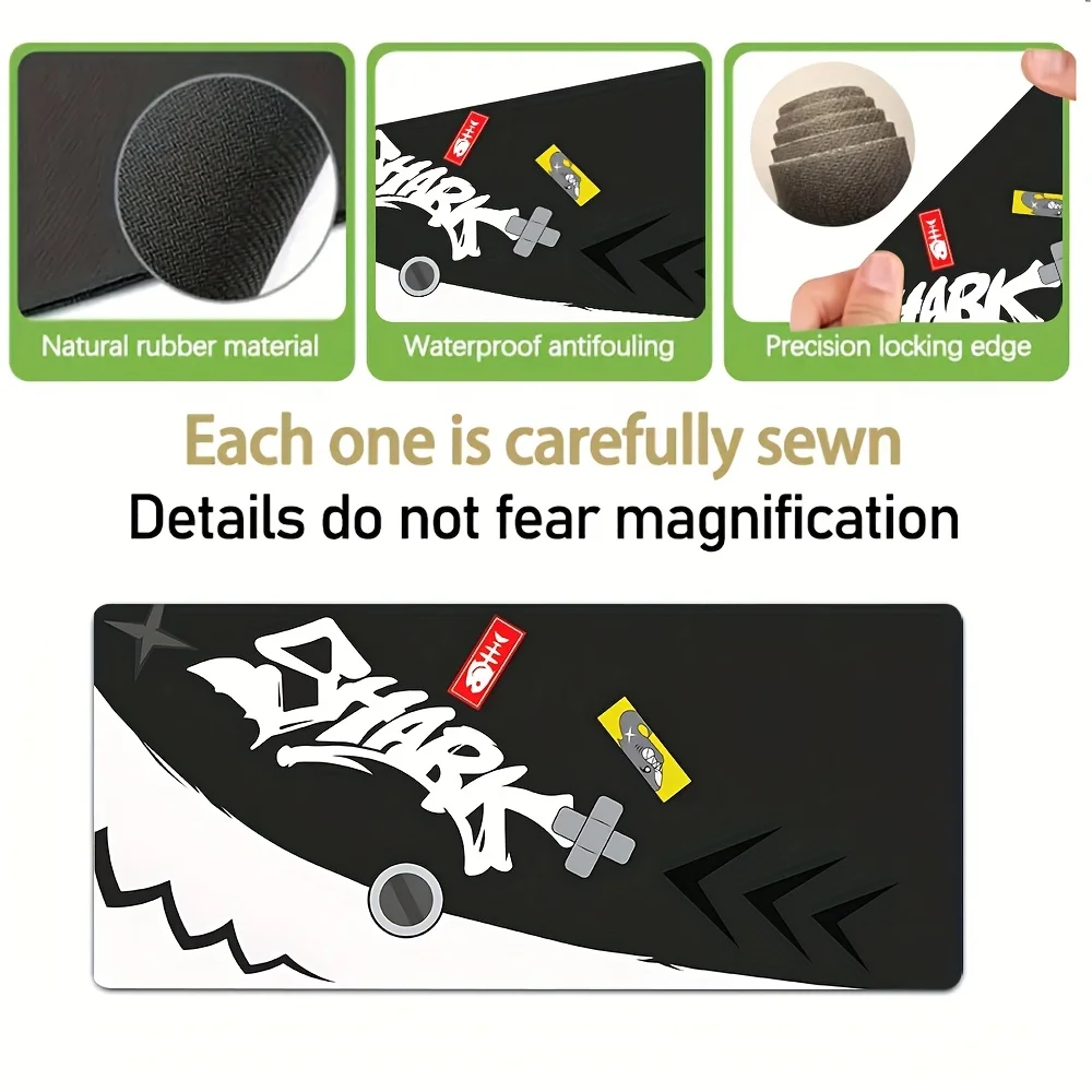 Tappetino da scrivania da gioco Ellen Joe Tail da 1 pezzo - Base in gomma antiscivolo, tappetino per computer con grafica Shark con design da gioco in bianco e nero - Lavabile