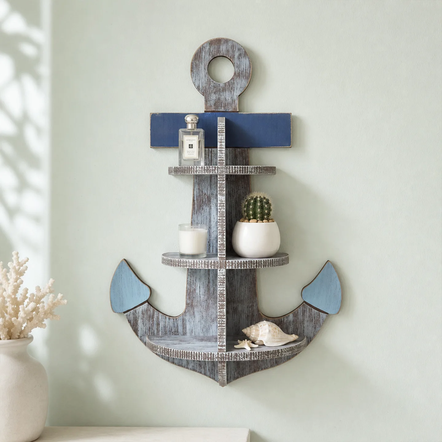 Nautical Anchor Wall Shelf, Mediterranean Rustic Wood Multi-Tier Storage Rack for Coastal Home Decor Organizer