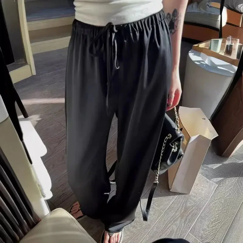 Elegant Champagne Wide Leg Trousers Women 2025 Summer All-Match Thin Ice Silk Pants Woman Korean High Waist Loose Casual Pants