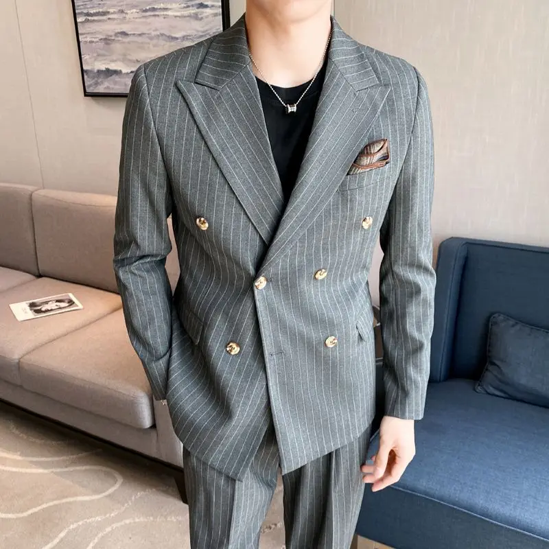 1-A13 Men's Spring and Autumn Thin suit White Suit with Butt Neck Casual Striped Double-breasted Suit Jacket Fashionable