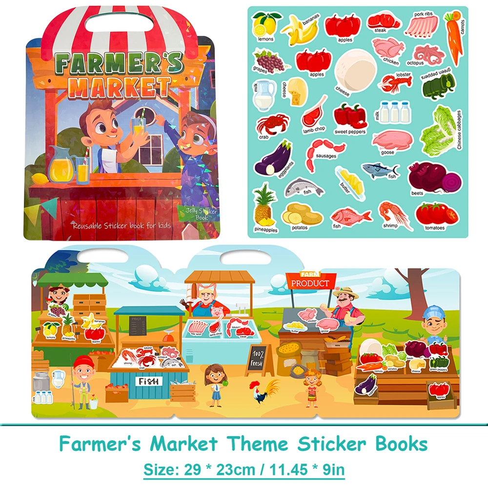 ملصقات جيلي على شكل سوق المزارع ألعاب للأطفال الصغار في مرحلة ما قبل المدرسة التعليمية الإنجليزية الإبداعية القابلة لإعادة الاستخدام ملصق يدوي الصنع كتاب مشغول