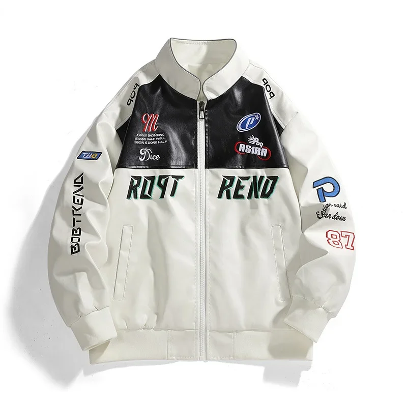 

Autumn Men Leather Jacket Motorcycle Punk Contrast Color Male Bomber Coat Stand Collar Long Sleeve Zipper Man Outerwear