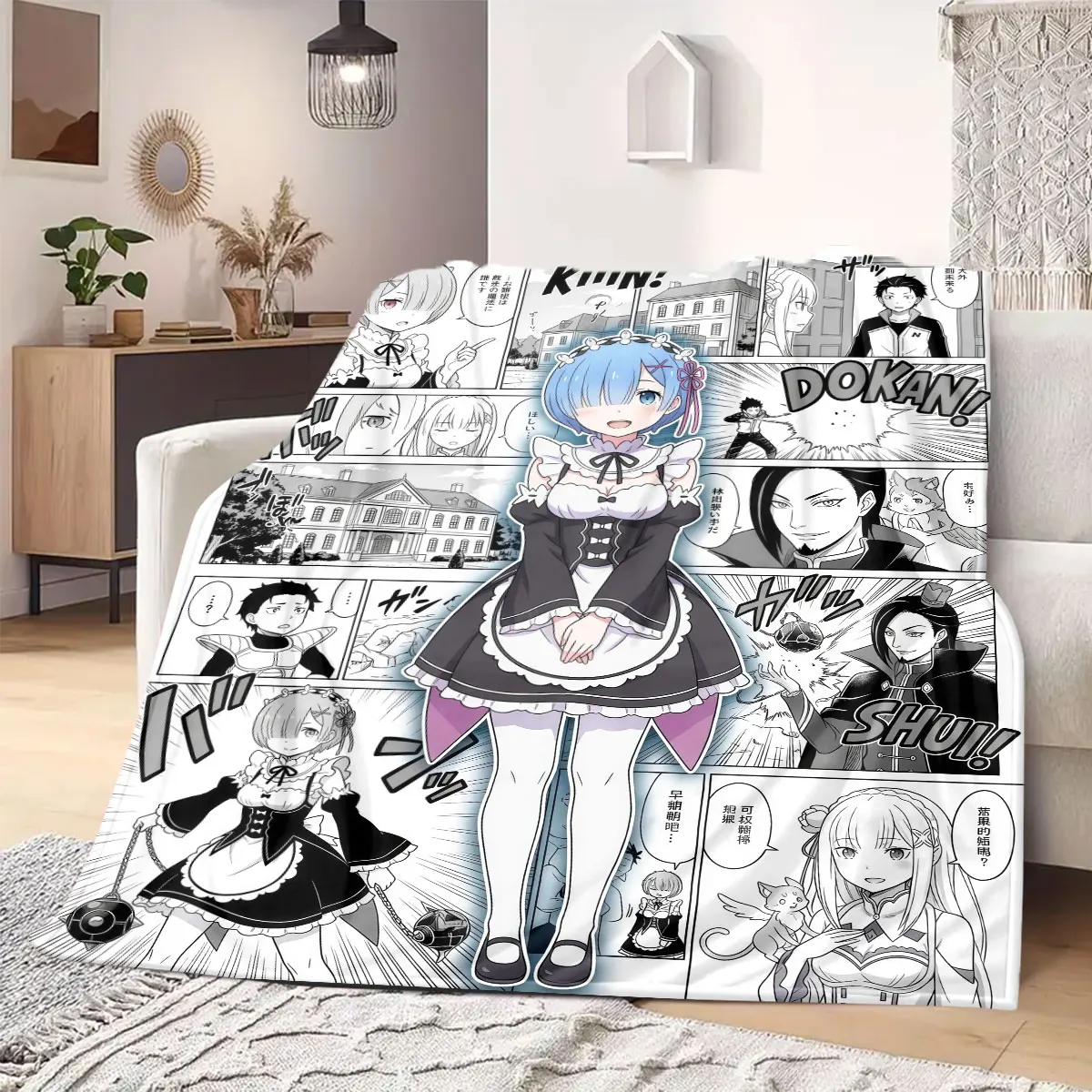 ReZero Anime Print Flannel Blanket, Warm Cartoon Graphics for Couch, Soft Home Essentials for Bed and Outing_LIAN