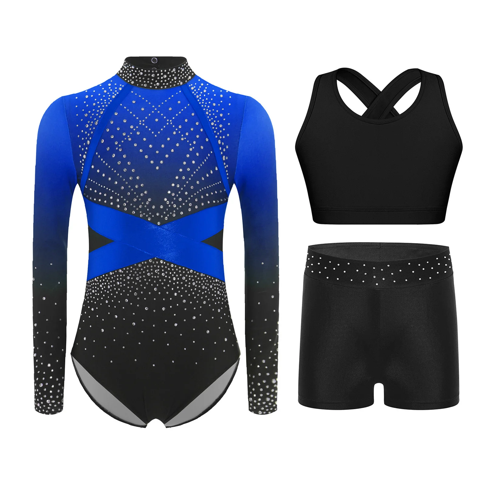 

3Pcs/Set Kids Girls Gymnastics Figure Skating Dance Outfit Long Sleeve Sparkling Rhinestones Color Block Leotard+Vest Top+Shorts