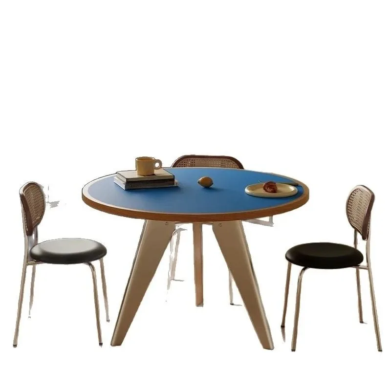 Mesa de comedor redonda de madera maciza, mesa redonda azul cielo, mesa de comedor redonda estilo japonés Memphis para apartamento pequeño, estilo rústico.