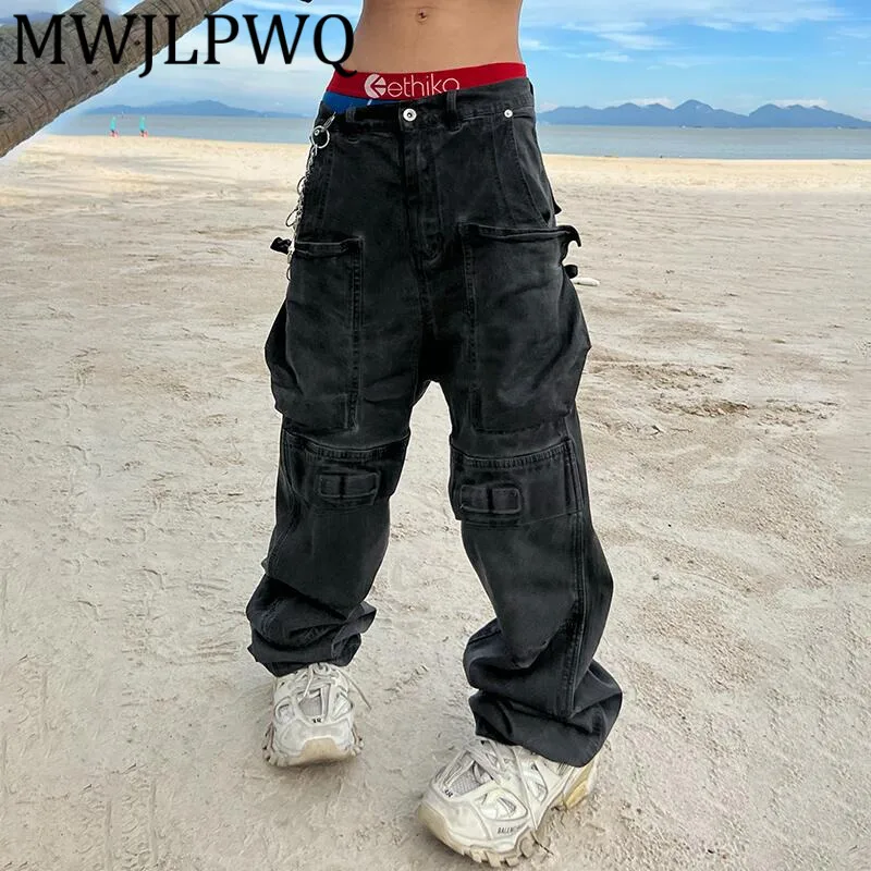 

MWJLPWQ Модные элитные джинсы-карго для мужчин, дизайнерские брюки с несколькими карманами, потертые широкие брюки, стиль четырех сезонов, уличный стиль 12499