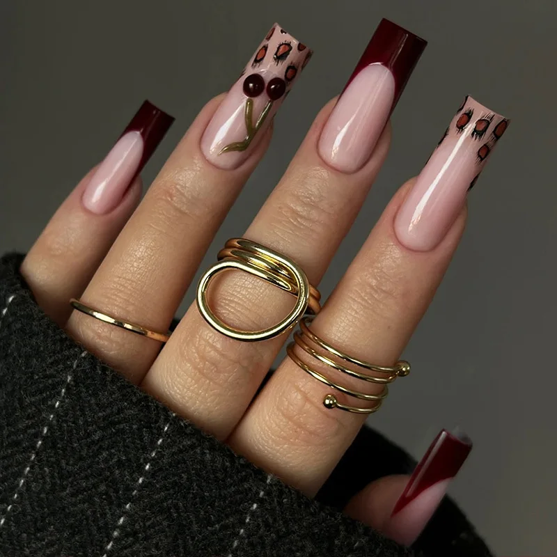 

24PCS Sweet Cool Leopard Cherry False Nails Long Pipe Square Press on Nails European American Spicy French Design for Hot Girls