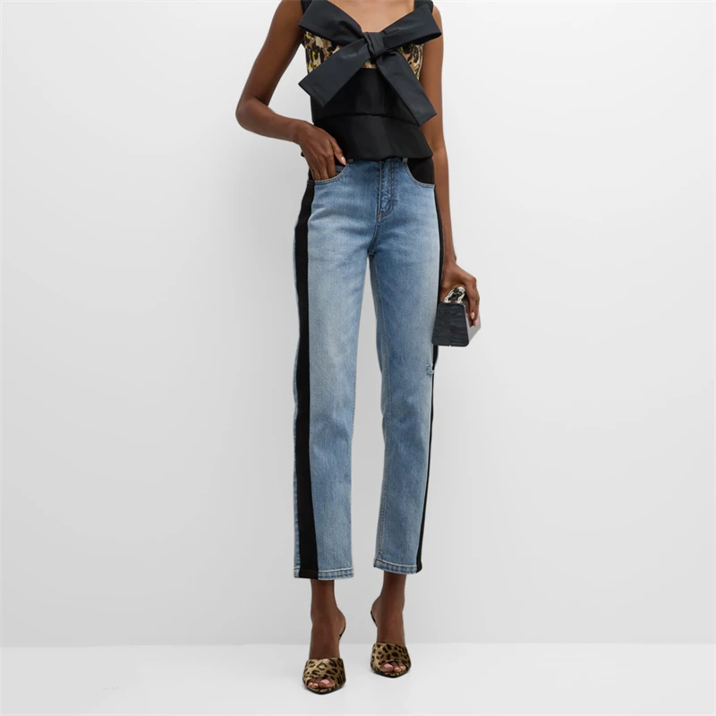 

2024 spring new women's pure cotton washed contrasting color stitching high waist jeans y2k fashion casual ripped straight pants