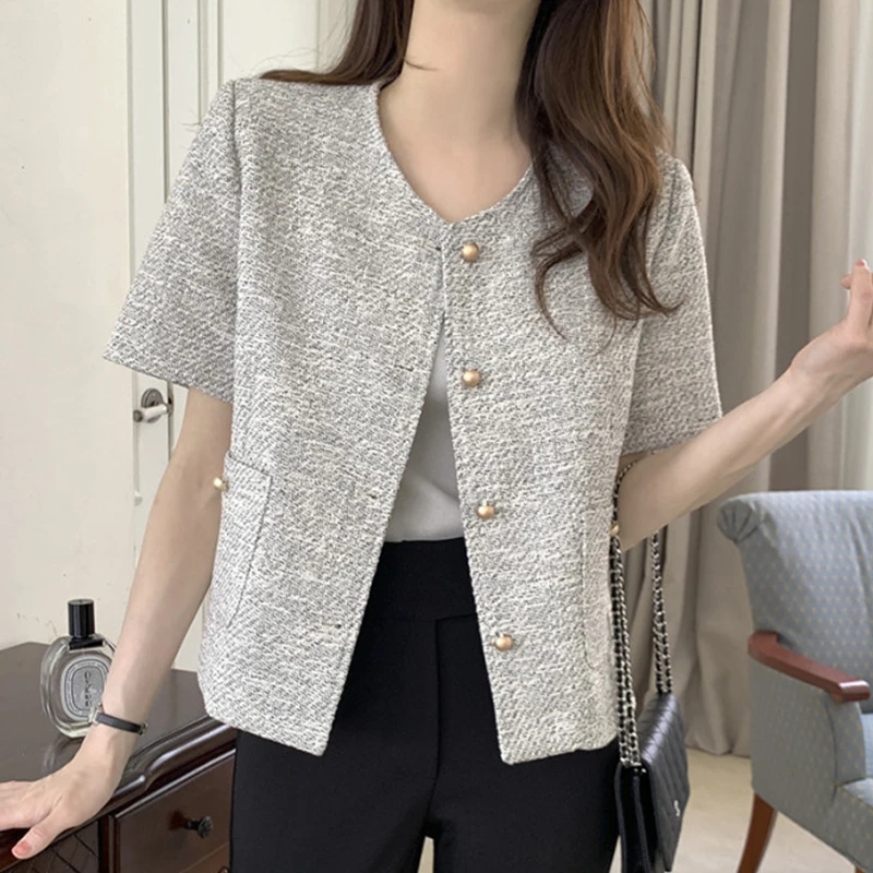 

Casual Loose Women's ort Sve Coat Summer New mat Pure Color Top Large Pattern Woolen Jaet Busin Commute Sle