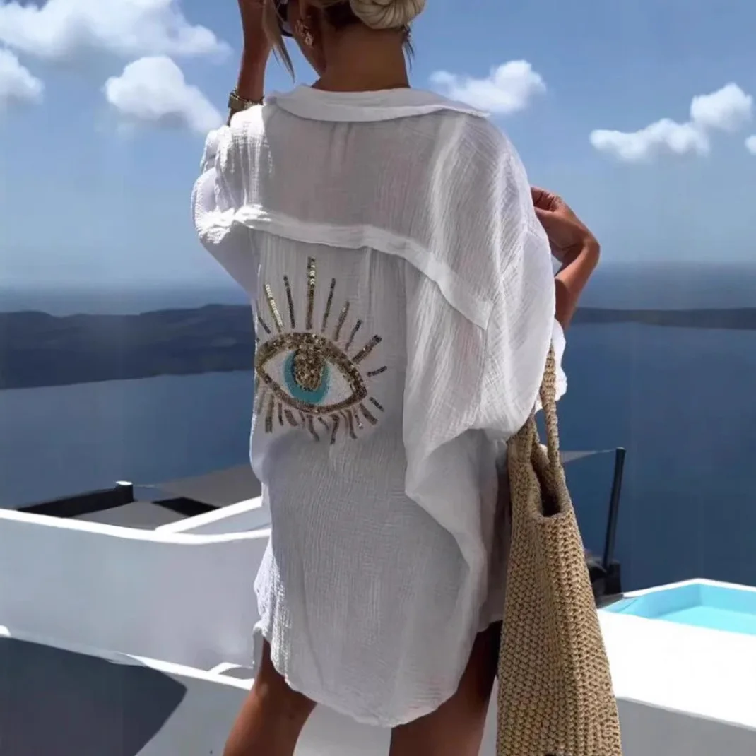 Evil Eye Casual Women's Shirt Spring Summer Fashion Beach Style Loose Button Sunscreen Cotton Linen Shirt Dress Casual Femme Top