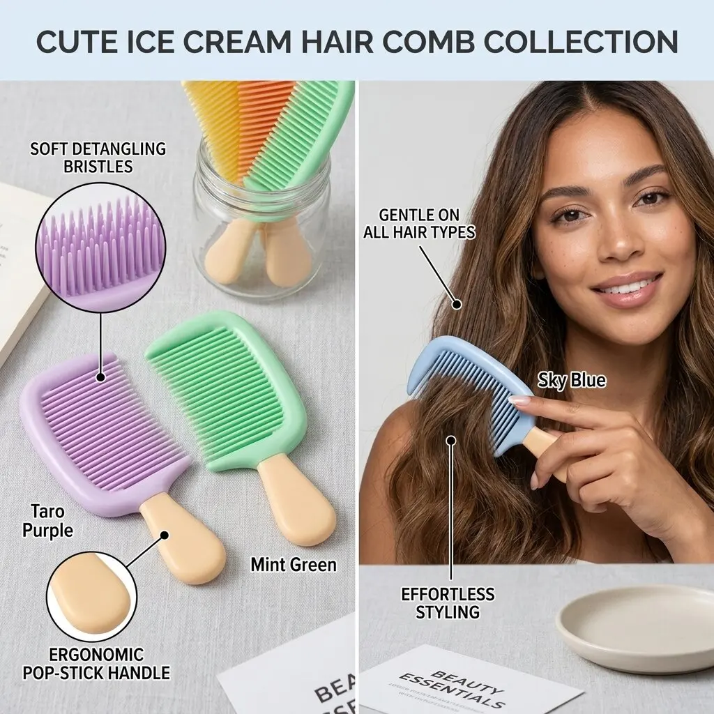 Kawaii Popsicle Hairbrush Portable Detangling Comb Colorful Cute Fine Tooth Hair Detangler Small Compact Salon Barber Tool