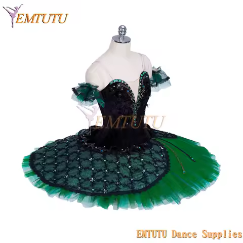 EMTUTU Women Girls Professional Ballet Tutu Satanella Green Black Ballet Pancake Tutu Performance Classical Ballet Tutu Paquita
