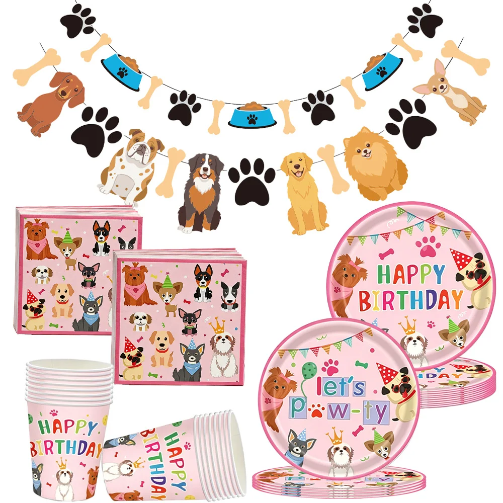 Decoración para Fiesta Canina: Pancarta, Guirnalda, Platos, Vasos, Servilletas, Recuerdos de Cumpleaños para Niñas, Decoración para Fiesta de Cachorros, Artículos para Fiesta Canina