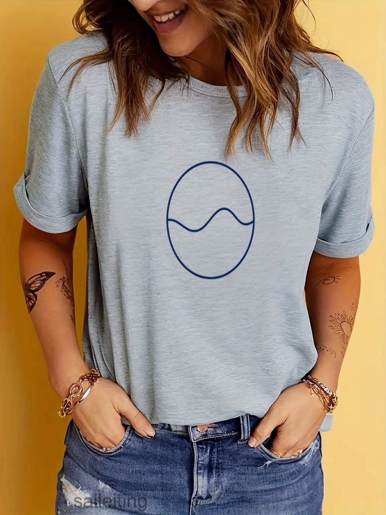 Stylized Blue Wave Horizon Graphic Tee - White Short Sleeve T-Shirt, Casual Crew Neck Summer Breathable Top for Men Women, Pe