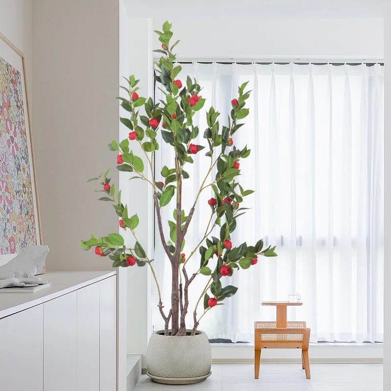 

Искусственное растение в скандинавском стиле: красная камелия в горшке для дома, гостиной, декора окна, пола, ландшафтного дизайна