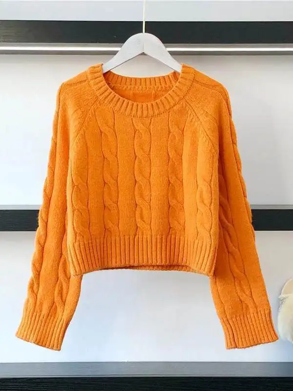 Ladies' round Neck Short Pure Color Knitted Sweater Loose Fit Casual Style Autumn Winter New Arrival Korean Version Lazy Style