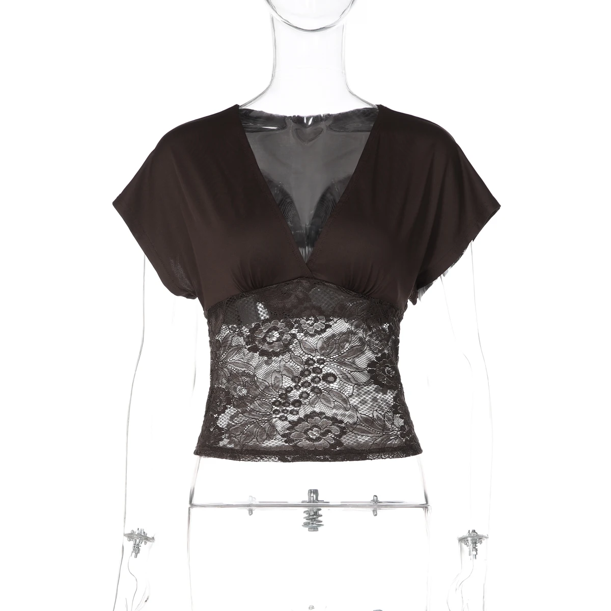 Hugcitar Modisches V-Ausschnitt Einfarbiges Kurzarm-Patchwork-Spitzen-Oberteil Sexy Loses Crop-T-Shirt Transparentes Sommer-Damen-T-Shirt für Party und Nachtclub – Detail 2
