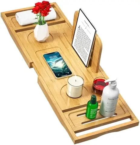 

Bamboo Bathtub Tray Caddy - Expandable Bath Tub Table for Spa & Relaxation