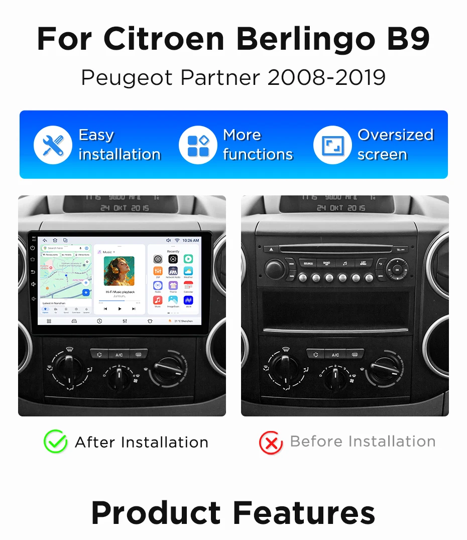 Junsun Wireless CarPlay Android Auto Autoradio für Citroen Berlingo B9 Peugeot Partner 2008-2019 Intelligente Systeme DSP SWC RDS – Detail 3