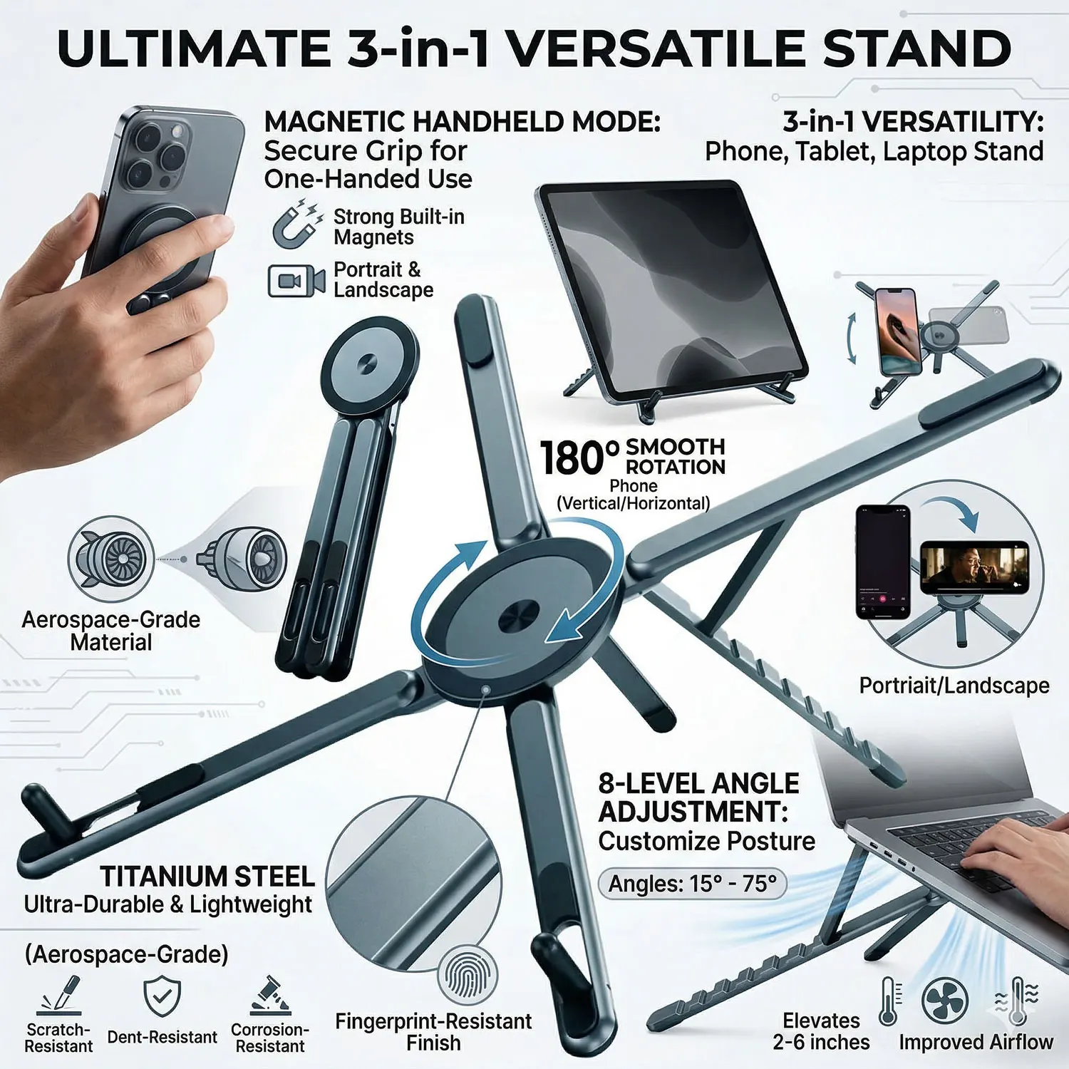 Laptop Stand Desktop 3IN1 Universal Foldable Bracket For iPhone iPad MAC Pad Android Handheld Magnetic CellPhone Holder Tripod