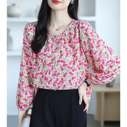 Women Clothing Loose Oversized Medium Long Style Chiffon Shirt Autumn Fashion Elegant O-neck Long Sleeve Blouses Chic Print Tops