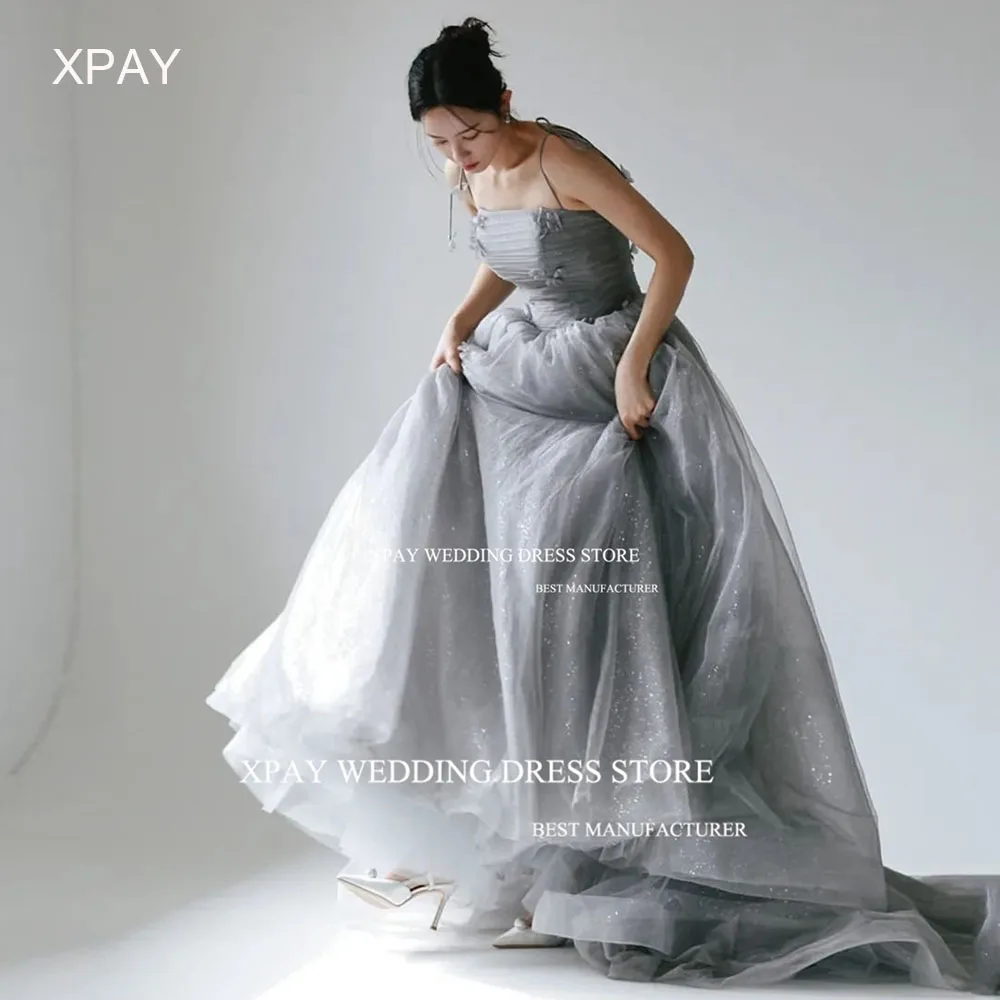 

XPAY Glitter Spaghetti Straps Grey Korea Evening Party Dresses Shiny Tulle 3D Flowers Wedding Photo Shoot Open Back Bride Gown