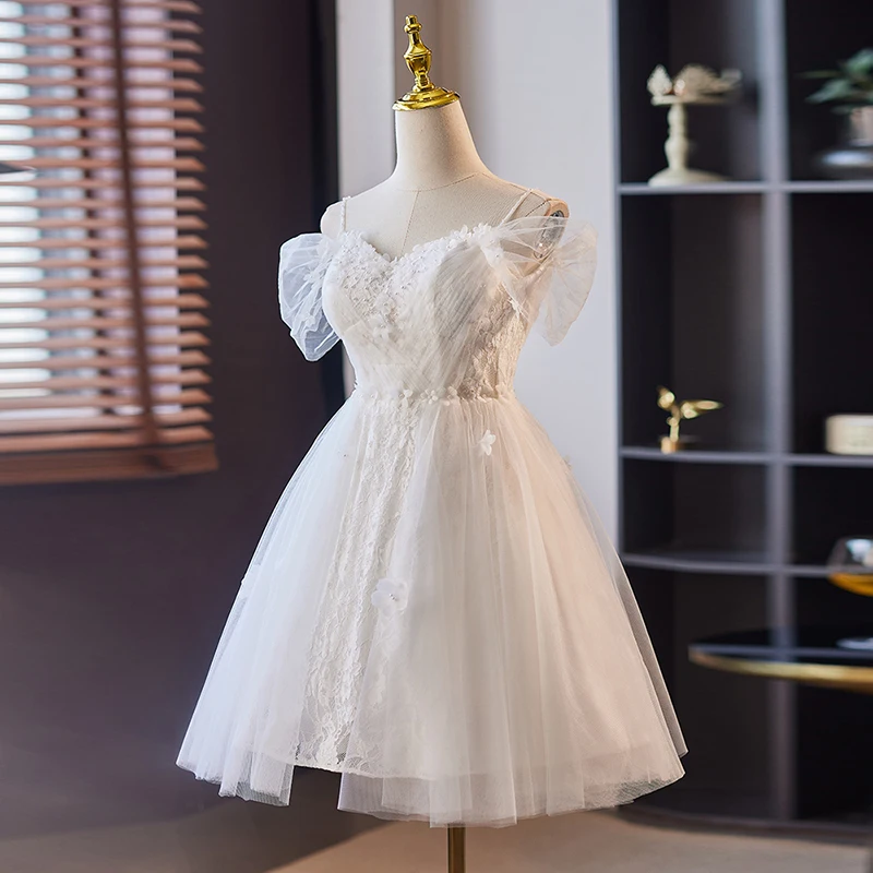 AnXin SH-Vestido corto de noche de princesa, con tirantes finos de encaje vestido blanco, cuentas, pequeñas flores, ilusión