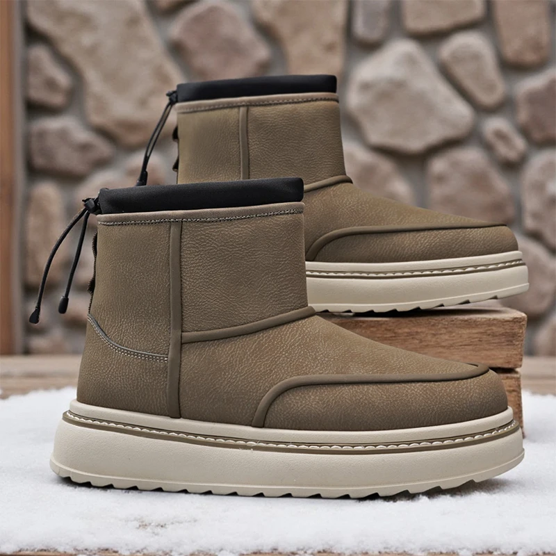 

Thickened snow boots men's fur all-in-one winter plush cold-resistant leather non-slip mid-top cotton shoes men's slip-on