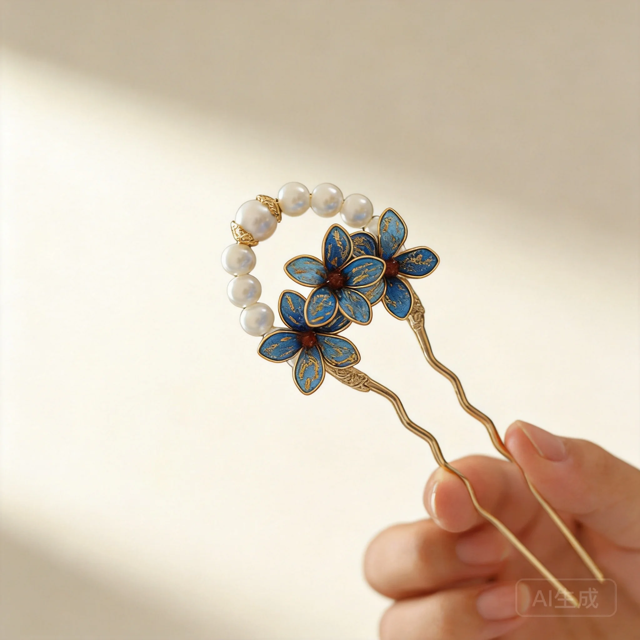 Delicate Chinese Style Lucky Blue Flower U Shaped Hairpin Traditional Hanfu Cheongsam Hair Accessory Auspicious Hair Stick For