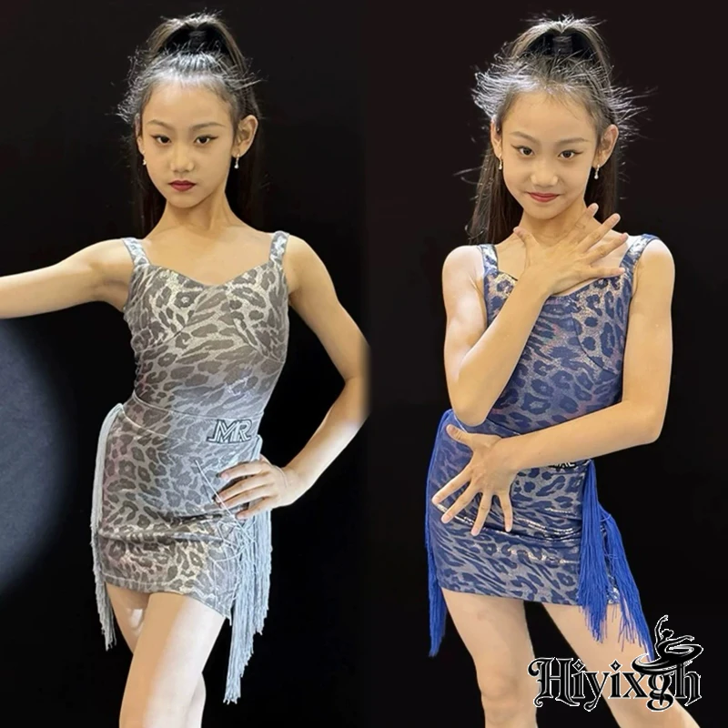 

Латиноамериканское танцевальное платье с леопардовым принтом, костюм для девочек, юбка для тренировок и соревнований, с бахромой и кисточками, профессиональная одежда для занятий